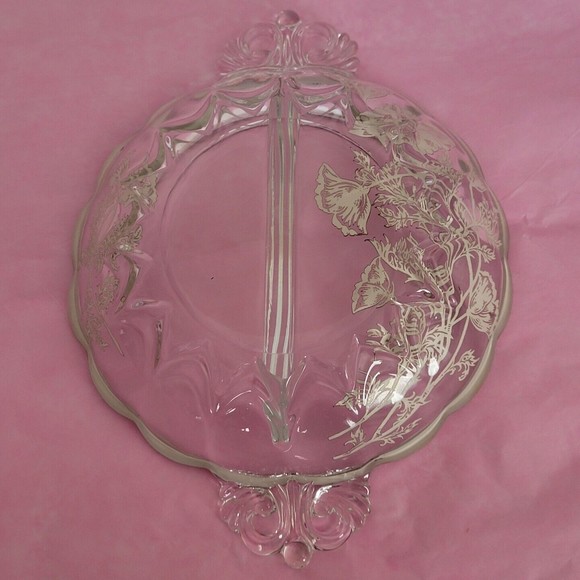 Vintage 2 Part Divided Relish Dish Poppies Silver Overlay Silver City Flanders - Picture 7 of 12